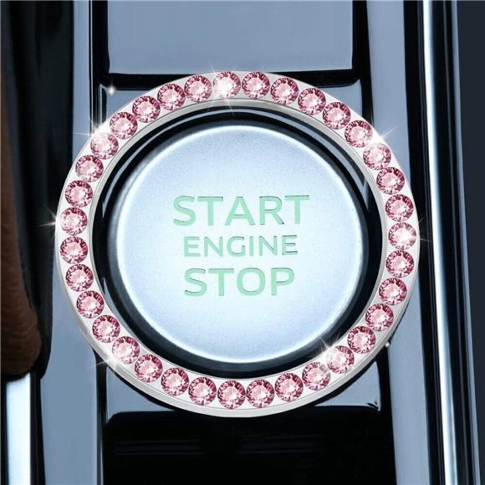 Car Start Button Bling Rhinestone Diamond Engine Button Ring 2-Pack Pink - Picture 2 of 7